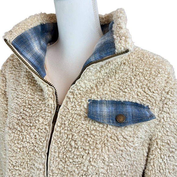 PENDLETON Ivory Fleece Full Zip Jacket Sz Large Wool Plaid‎ Lined Sherpa Coat - Picture 5 of 12